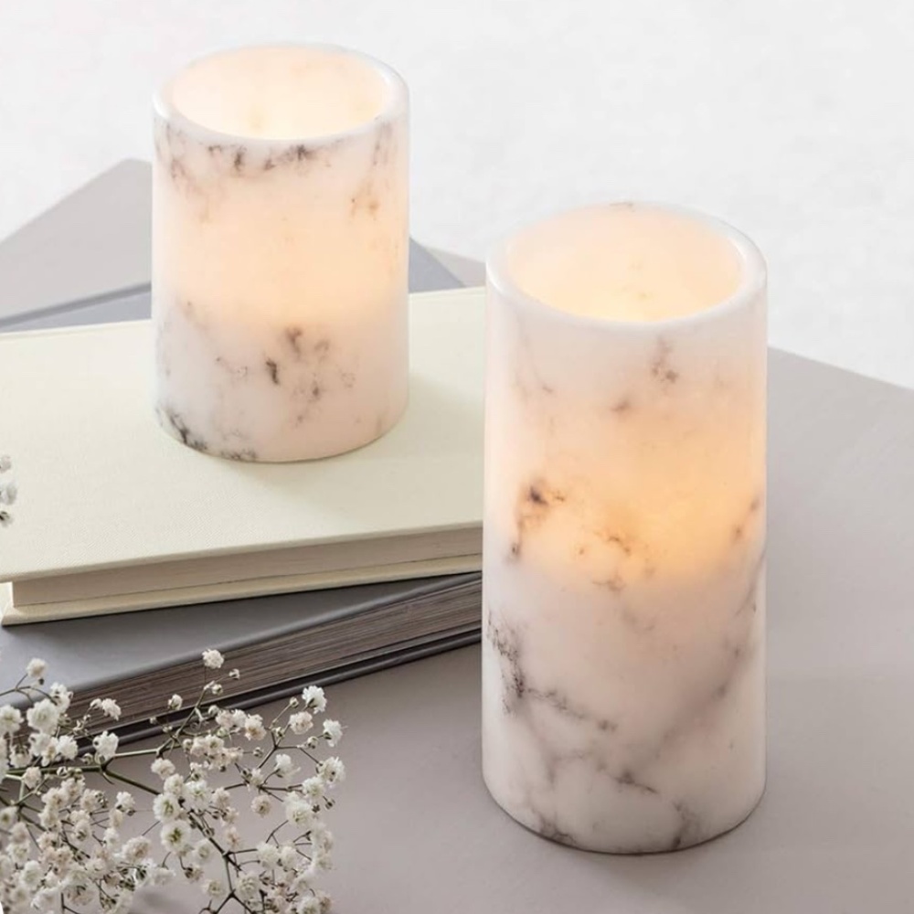NEW   Set of 2 FLAME LESS Operated Marble Wax Candles